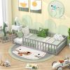 Twin Size Kids Wood Montessori Floor Bed with Door and Fence